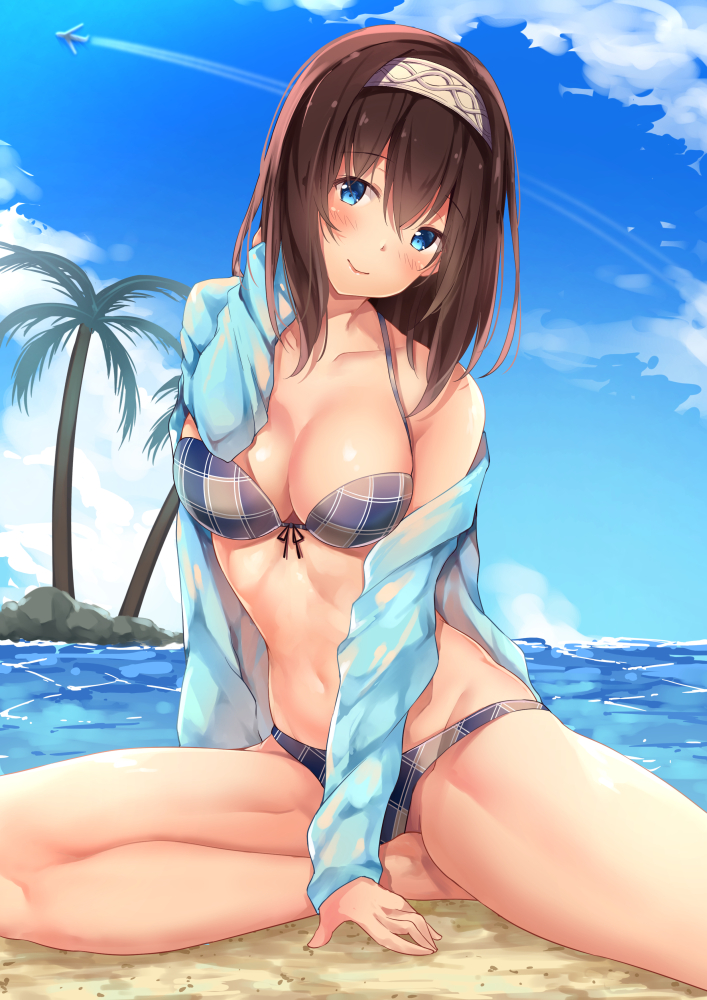1girl, aircraft, airplane, bikini, bikini_under_clothes, blue_eyes, blue_shirt, blush