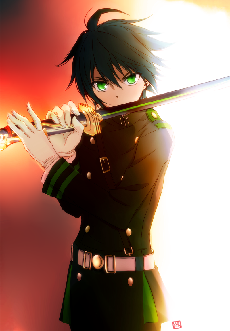 1boy, ahoge, ashuramaru, black_hair, cowboy_shot, gloves, green_eyes, hair_between_eyes, holding, holding_sword, holding_weapon, hyakuya_yuuichirou, looking_at_viewer, military, military_uniform, owari_no_seraph, solo, standing, sword, tsukimori_usako, uniform, weapon, white_gloves