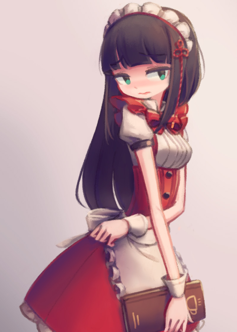 1girl, allen_(makaroll), apron, black_hair, blush, green_eyes, hair_ornament, long_hair