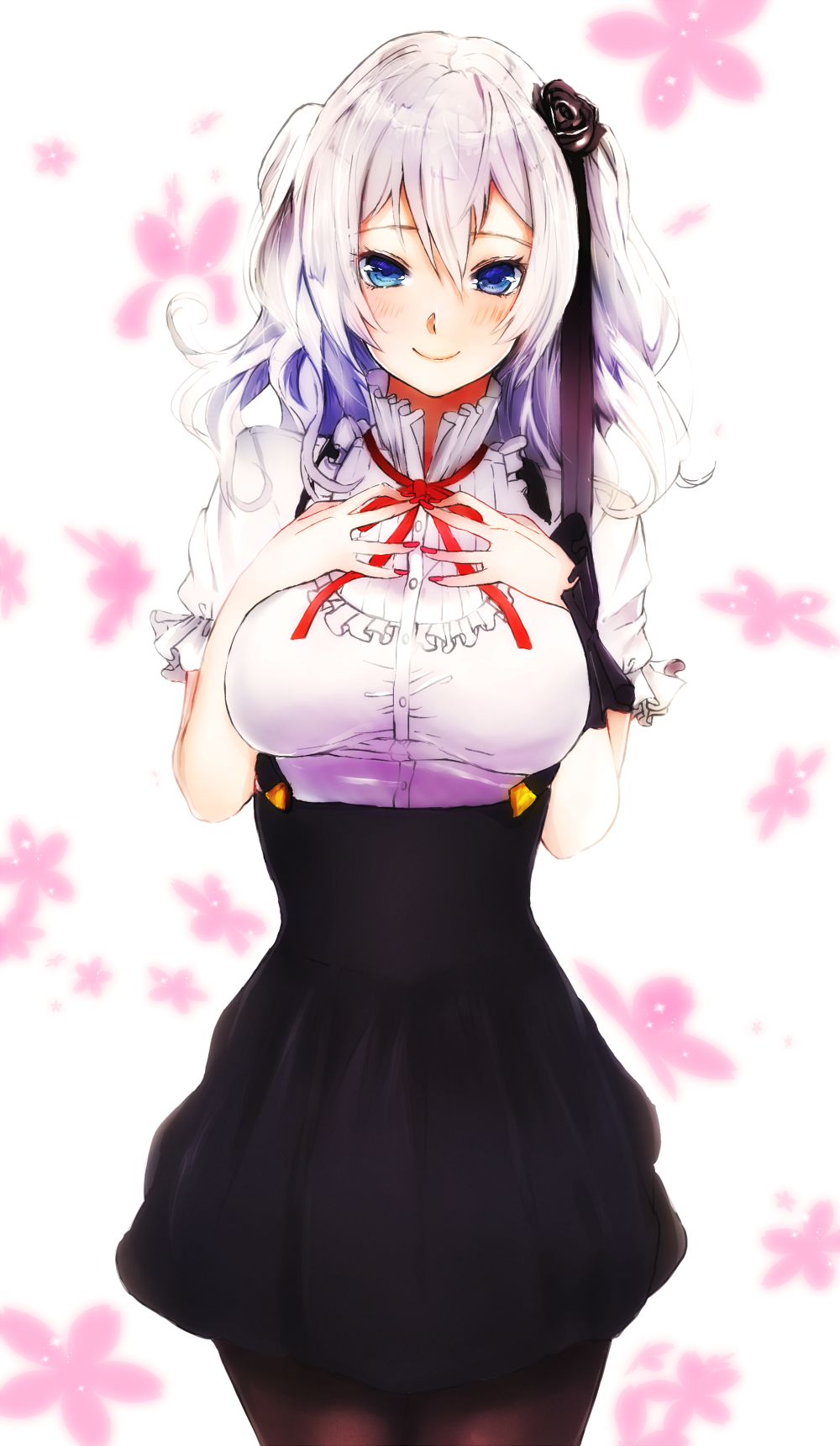 1girl, alternate_costume, blue_eyes, commentary, cosplay, dagashi_kashi, dress, floral_background