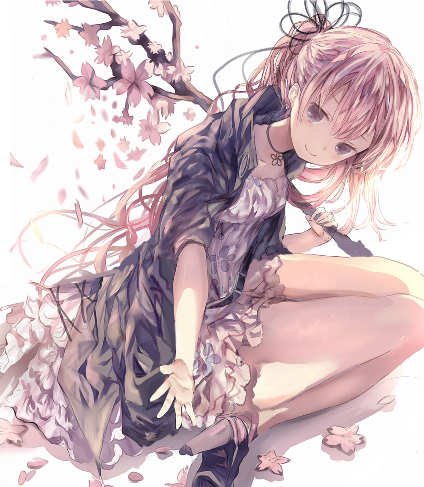 1girl, backlighting, bangs, black_shoes, branch, cardigan, cherry_blossoms, closed_mouth
