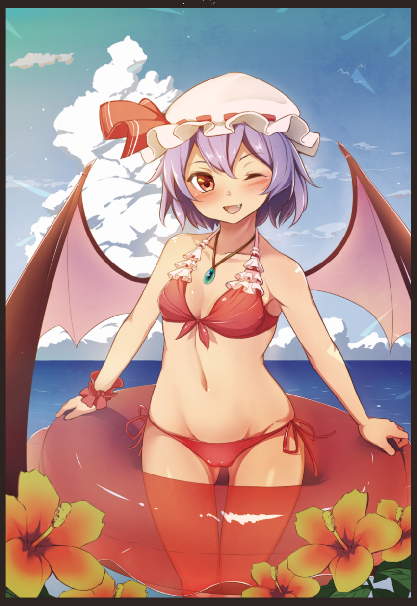 1girl, ;d, alternate_costume, bare_shoulders, bat_wings, bikini, blush, breasts