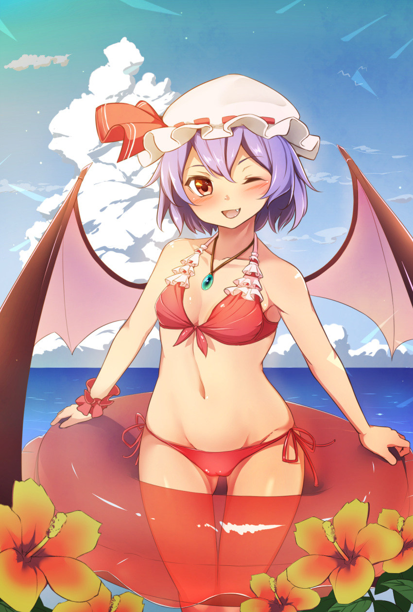 1girl, ;d, alternate_costume, bare_shoulders, bat_wings, bikini, blush, breasts