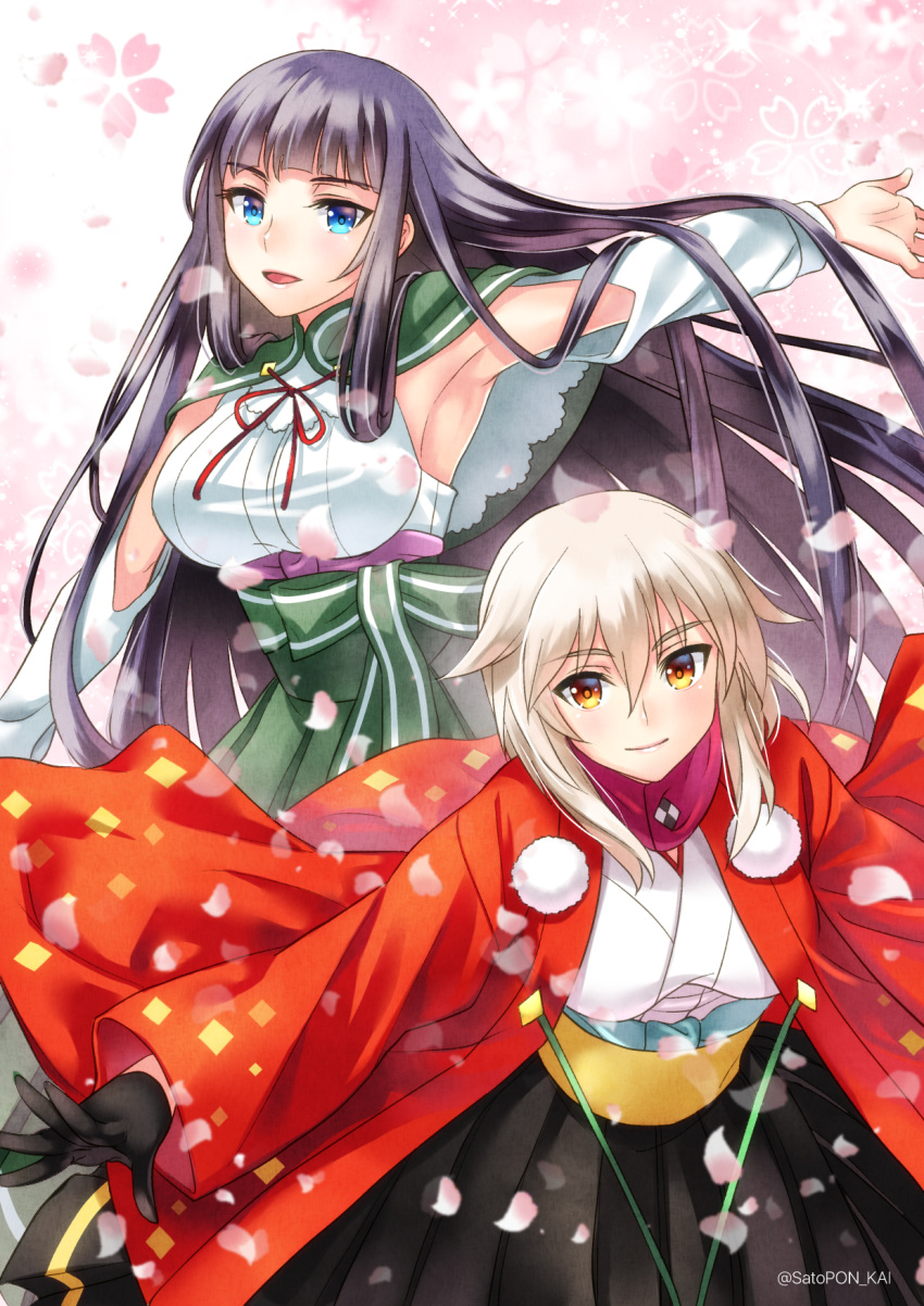 2girls, armpits, black_hair, breasts, cherry_blossoms, detached_sleeves, gloves, highres, japanese_clothes, kasugayama_(oshiro_project), large_breasts, long_hair, multiple_girls, oshiro_project, oshiro_project_re, sato-pon, short_hair, tsutsujigasaki_(oshiro_project), very_long_hair, white_hair