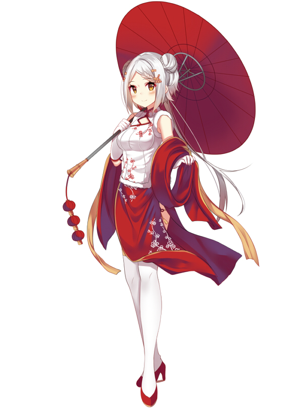 1girl, blush, chongqing_(zhan_jian_shao_nyu), double_bun, dress, embroidery, floral_print, gloves, hair_ornament, high_heels, holding, holding_umbrella, kazucha, lantern, looking_at_viewer, red_dress, red_shoes, shoes, sleeveless, smile, standing, thigh-highs, tied_hair, umbrella, vest, white_gloves, white_hair, white_legwear, white_vest, yellow_eyes, zhan_jian_shao_nyu