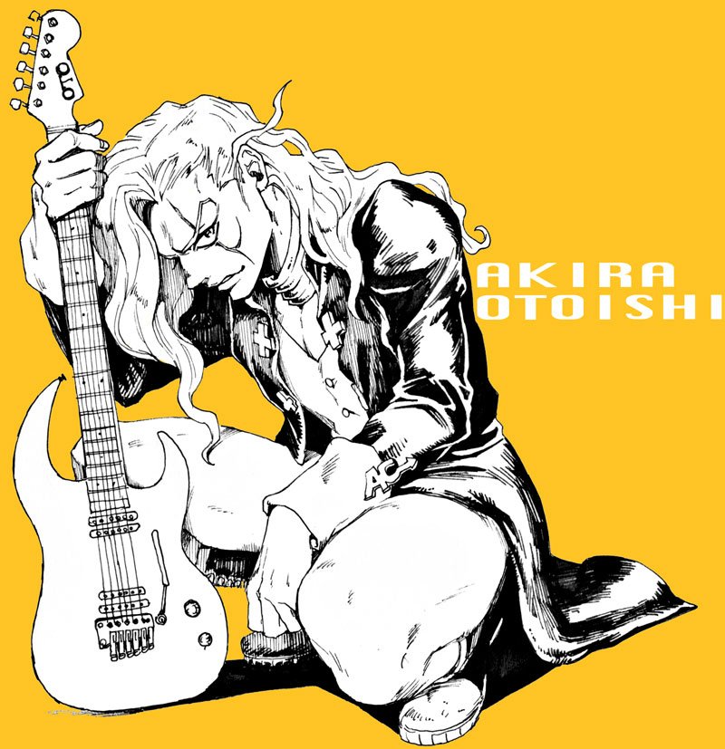 1boy, aikawa_taro, character_name, coat, electric_guitar, full_body, guitar, instrument