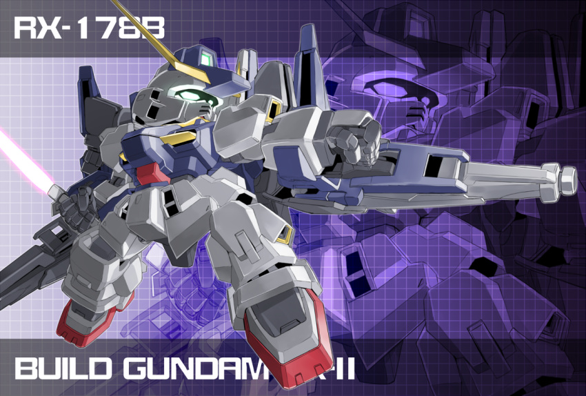 beam_rifle, beam_saber, build_gundam_mk_ii, character_name, energy_gun, glowing, glowing_eyes, green_eyes