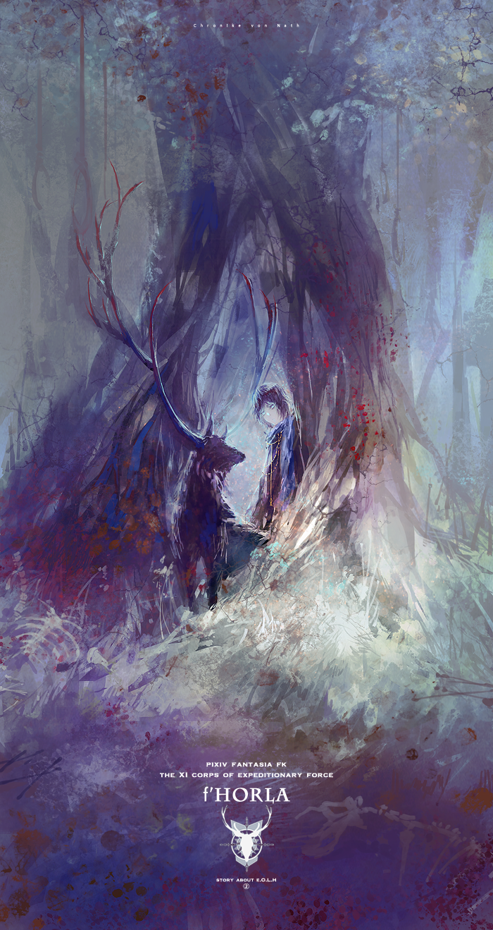 1boy, antlers, blue_eyes, bone, cover, cover_page, deer, fabri