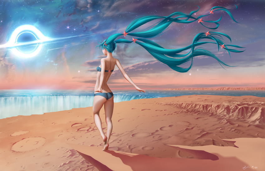 1girl, absurdly_long_hair, ankle_ribbon, aqua_hair, back, bandeau, bare_back, barefoot, black_hole_(space), clouds, crater, desert, earrings, facing_away, floating_hair, from_behind, hair_ornament, hatsune_miku, hayden_mackenzie, highres, horizon, interstellar_(movie), jewelry, legs, long_hair, nape, ocean, outstretched_arms, ribbon, shadow, signature, sky, solo, standing, standing_on_one_leg, star, star_(sky), star_earrings, star_hair_ornament, starry_sky, strapless, sunlight, surreal, tiptoes, twintails, very_long_hair, vocaloid, water, waterfall, wind, wind_lift
