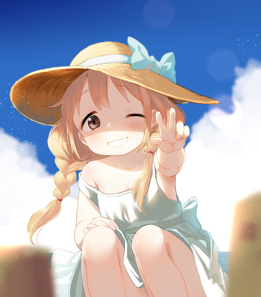 1girl, alternate_costume, blonde_hair, brown_eyes, clouds, dress, furururu, futaba_anzu