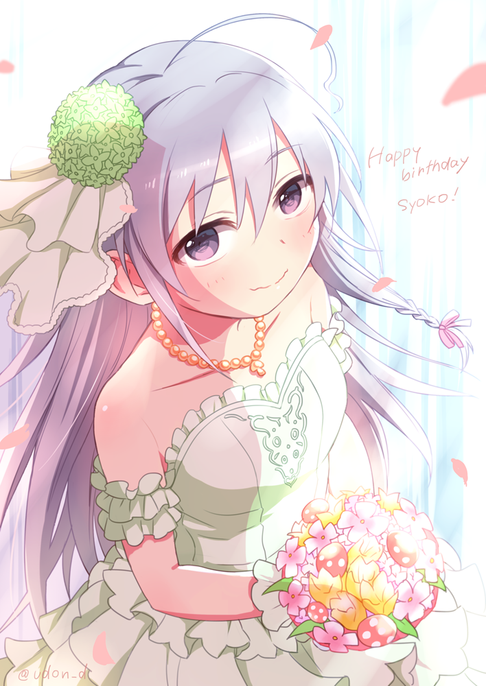 1girl, ahoge, alternate_costume, bare_shoulders, blush, bouquet, braid, bridal_veil