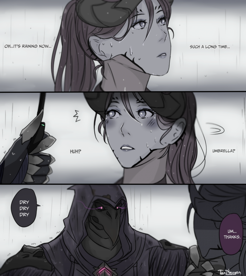 1girl, alternate_costume, artist_name, comic, devil_mercy, english, hood, horns, jacket, mask, mercy_(overwatch), nevermore_reaper, overwatch, rain, reaper_(overwatch), shisarou, umbrella