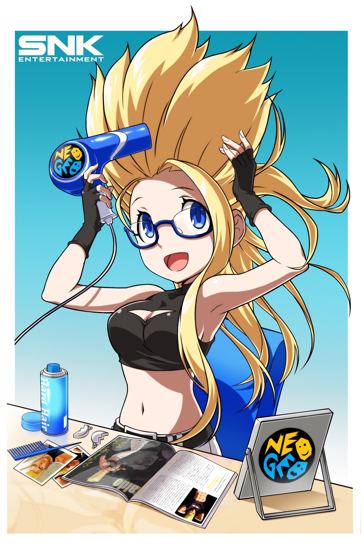 1girl, alternate_hair_length, alternate_hairstyle, blonde_hair, blue-framed_eyewear, blue_eyes, breasts, cleavage_cutout