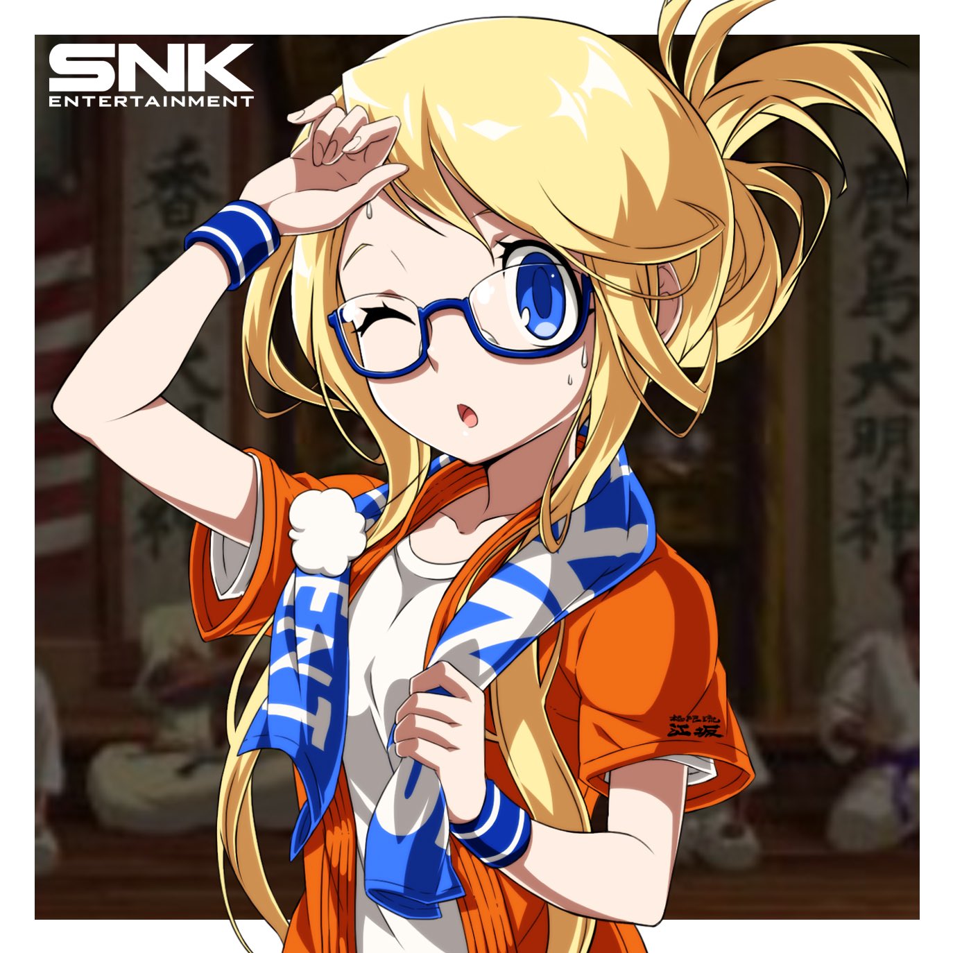 1girl, bangs, blonde_hair, blue-framed_eyewear, blue_eyes, enta_girl, falcoon, glasses
