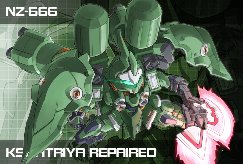 beam_axe, character_name, glowing, glowing_eye, gundam, gundam_unicorn, horn, kshatriya_repaired, mecha, memento_vivi, no_humans, one-eyed, zoom_layer
