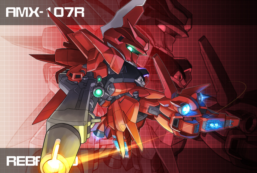 beam_rifle, character_name, energy_gun, green_eyes, gundam, gundam_unicorn, looking_back, mecha, memento_vivi, no_humans, one-eyed, rebawoo, zoom_layer