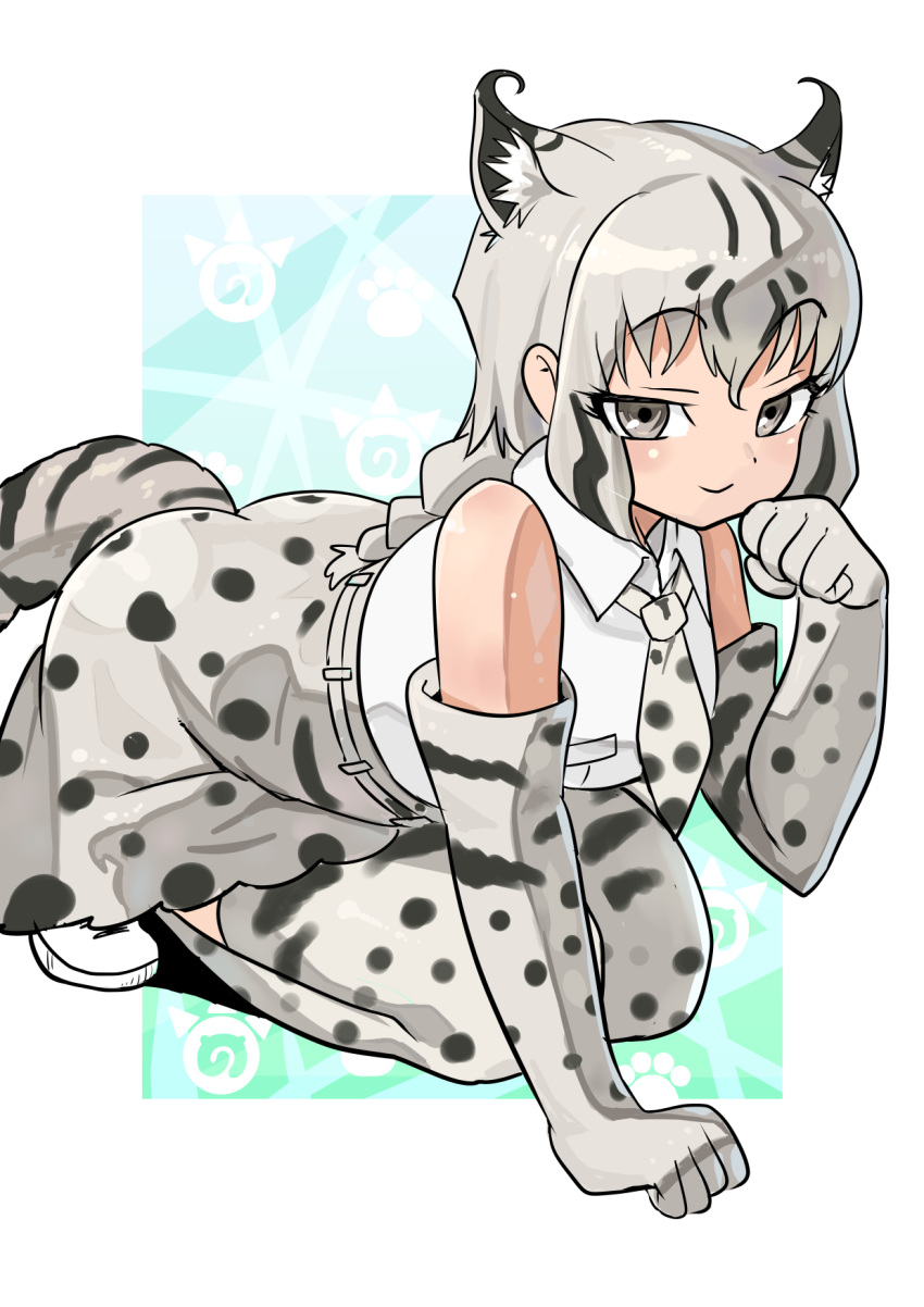 1girl, animal_ears, bare_shoulders, black_hair, blush, bobcat_(kemono_friends), braid, cat_ears
