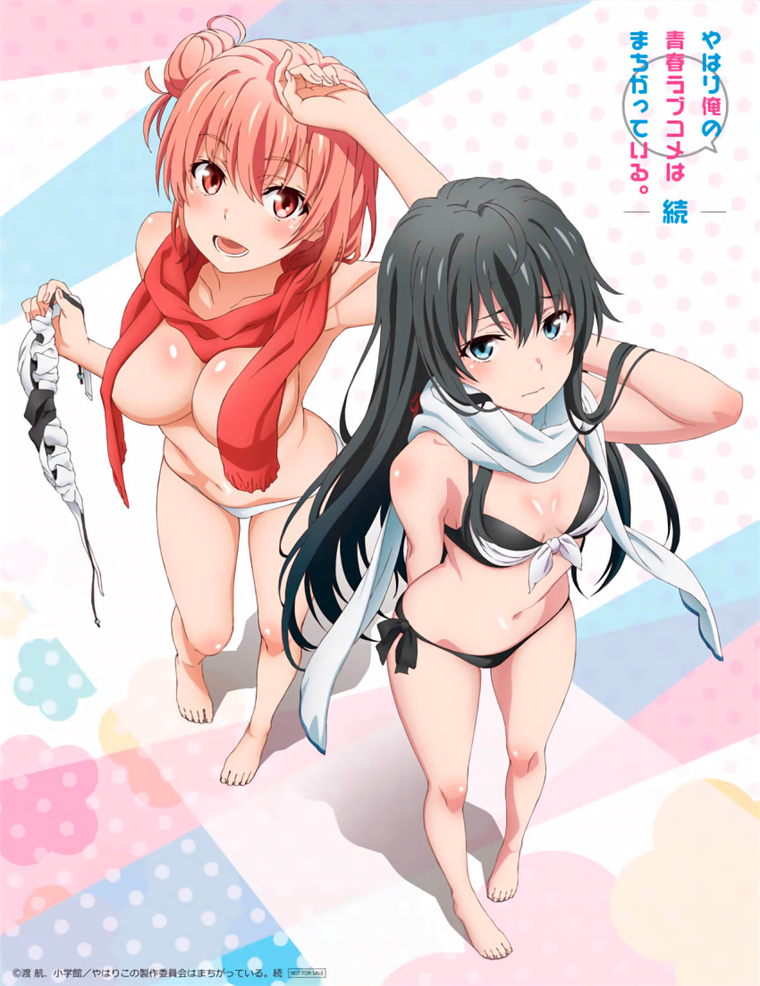 2girls, barefoot, bikini, black_bikini, black_hair, blue_eyes, blush, breasts
