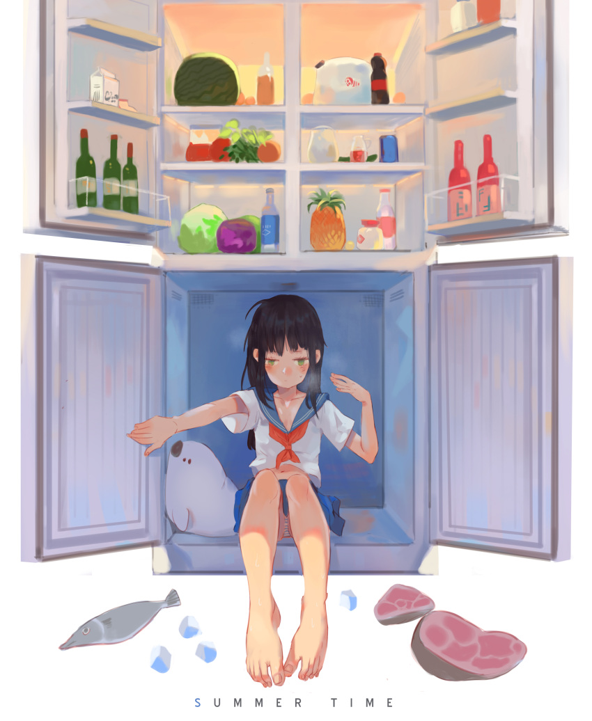 1girl, absurdres, bangs, barefoot, black_hair, blunt_bangs, bottle, collarbone