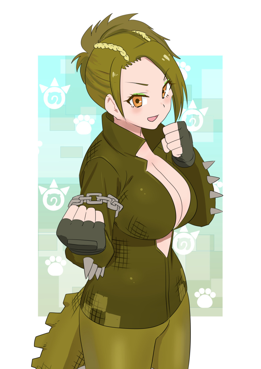 1girl, braid, breasts, center_opening, chains, cleavage, crocodile_tail, fingerless_gloves