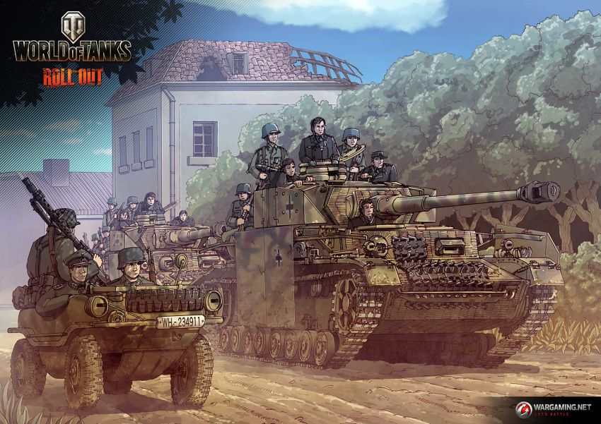 6+boys, building, clouds, earasensha, ground_vehicle, gun, highres, jeep