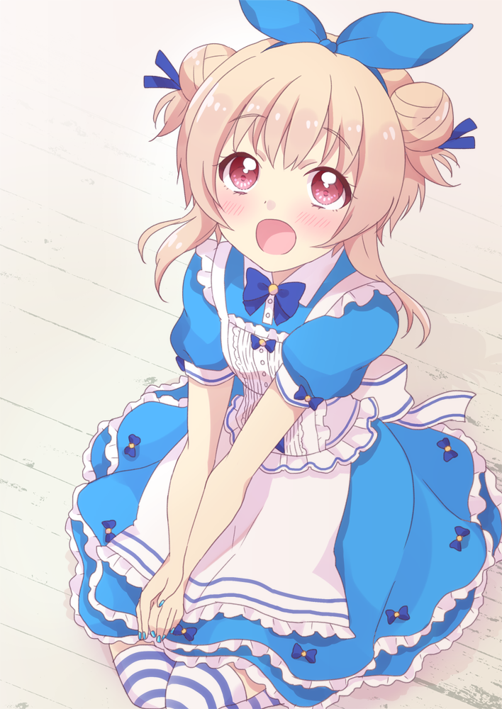 alice_(wonderland), alice_(wonderland)_(cosplay), battle_girl_high_school, blonde_hair, blush, cosplay, double_bun, naju_soreiyu, open_mouth, red_eyes, ribbon, short_hair, sitting, watagi_michelle