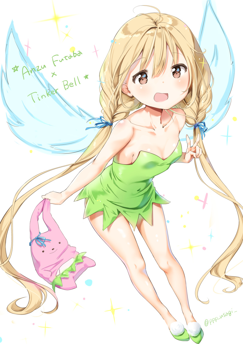 1girl, absurdres, bare_shoulders, blonde_hair, breasts, brown_eyes, character_name, cleavage