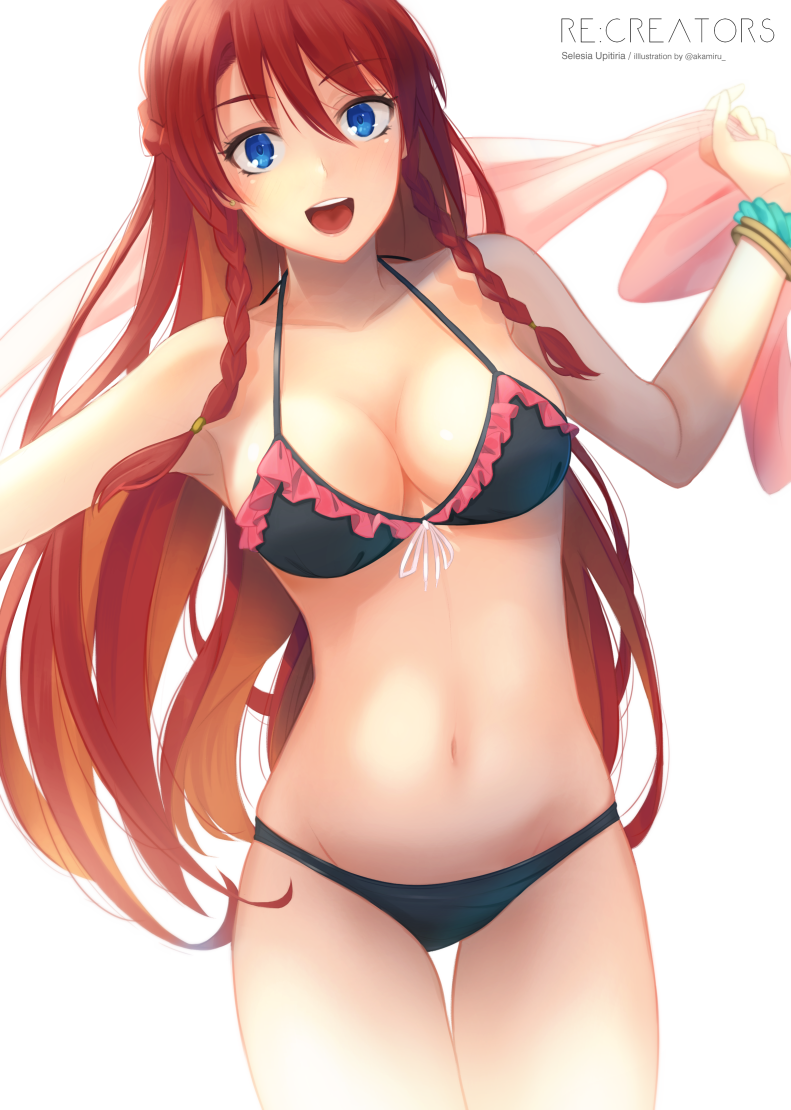 1girl, akame_(akamiru), armpits, arms_up, artist_name, bikini, black_bikini, black_bikini_bottom