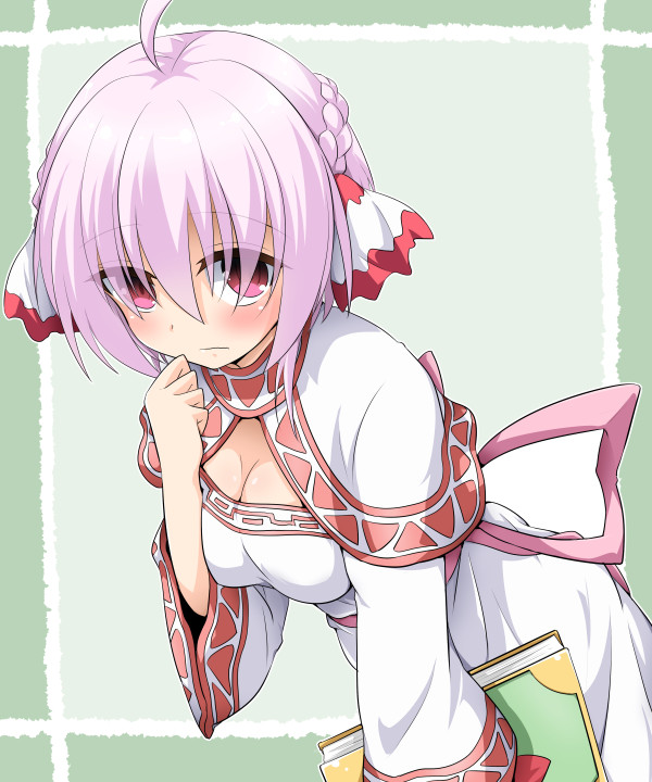 1girl, ahoge, bioroid_hei, blush, book, braid, breasts, cleavage