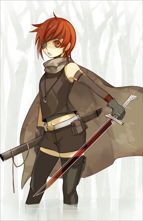 bad_id, cape, elbow_gloves, eyepatch, flat_chest, gloves, jan, katana, original, red_eyes, red_hair, redhead, short_hair, shorts, sword, thigh-highs, thighhighs, weapon, zettai_ryouiki
