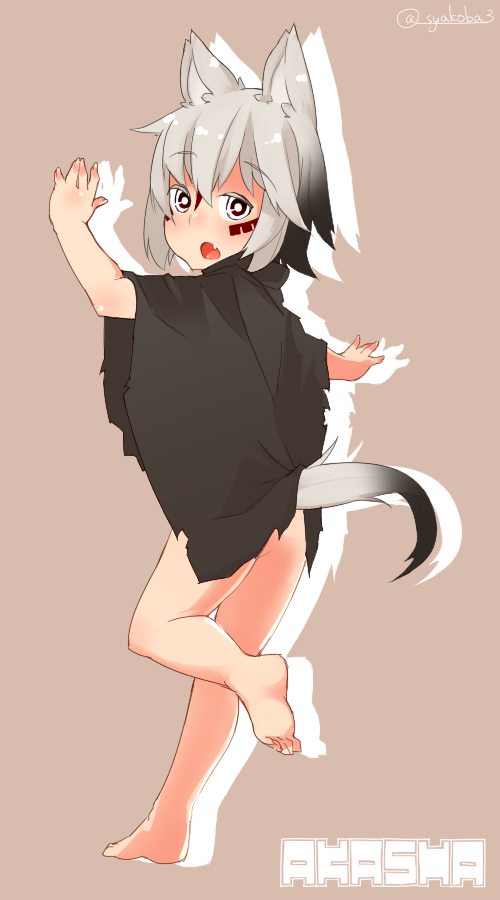 1girl, :o, akasha_(syakoba), animal_ears, barefoot, beige_background, character_name, facepaint