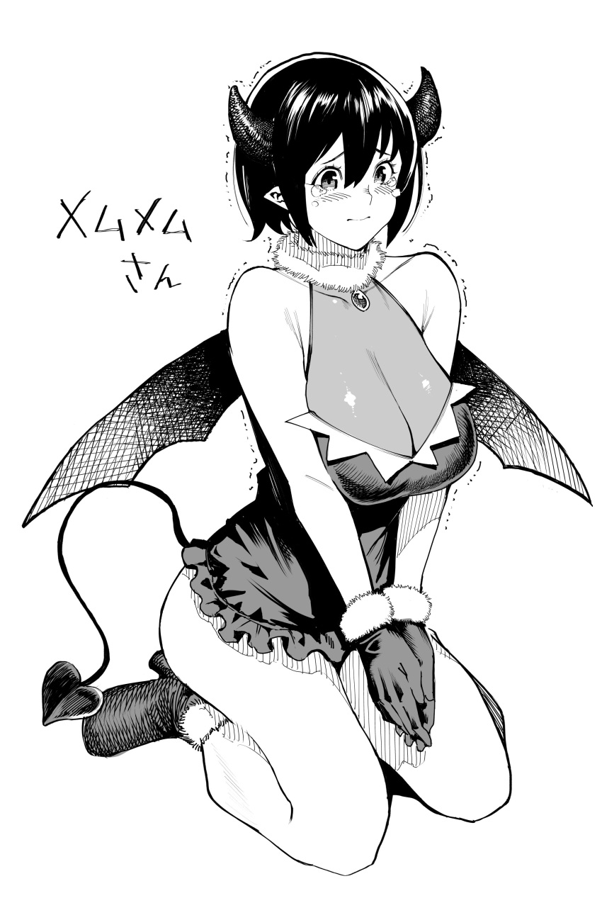 absurdres, akuma_no_memumemu-chan, bare_shoulders, black_hair, blush, breasts, character_name, cleavage