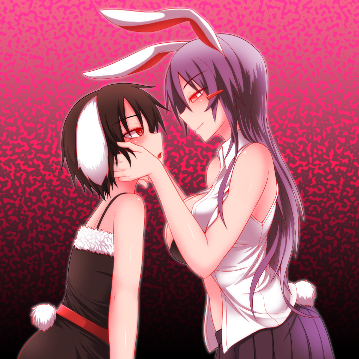 2girls, animal_ears, bare_arms, black_hair, blush, breasts, bunny_tail, closed_mouth
