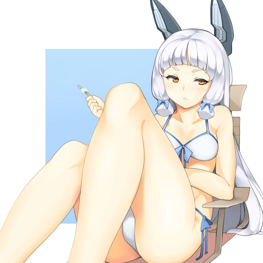 1girl, bangs, bikini, blue_ribbon, blunt_bangs, chair, food, hair_ribbon