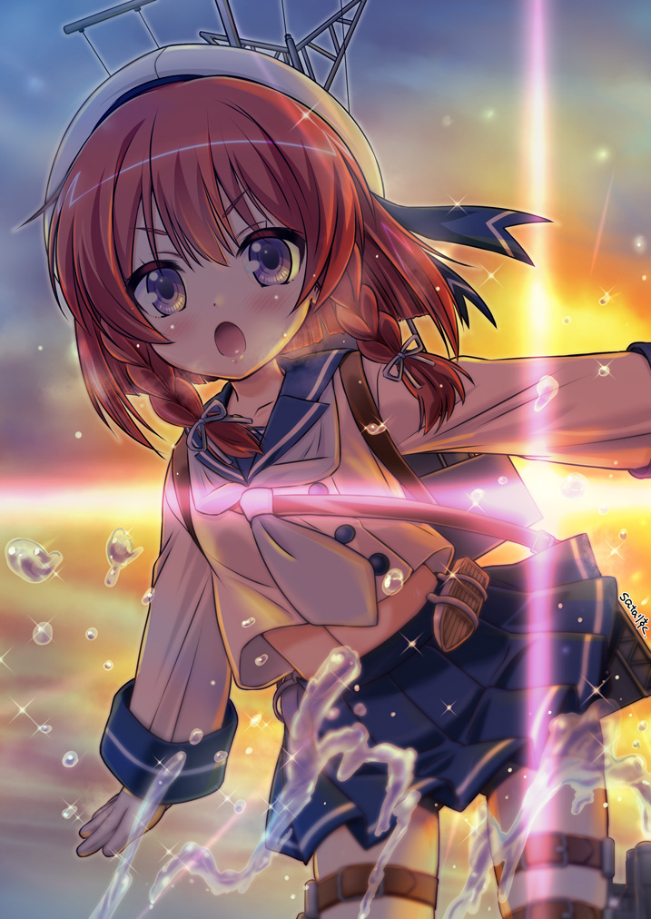 1girl, bike_shorts, blue_neckerchief, blue_sailor_collar, blue_skirt, braid, buttons, depth_charge_projector, etorofu_(kantai_collection), gloves, hat, kantai_collection, long_sleeves, machinery, mast, neckerchief, open_mouth, redhead, sailor_hat, sata_(sat), school_uniform, serafuku, short_hair, skirt, solo, sunlight, sunset, twin_braids, violet_eyes, water, white_gloves, white_hat