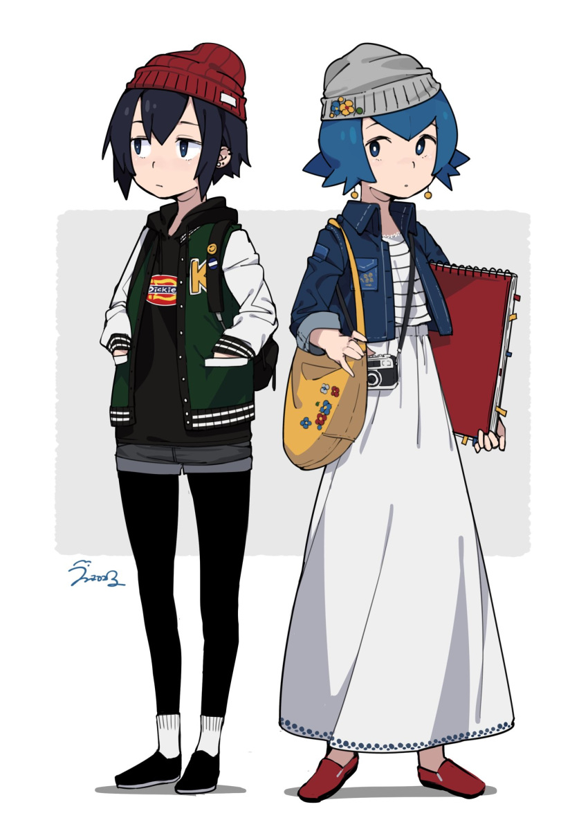 2girls, bag, bangs, beanie, black_hair, black_shoes, black_shorts, blue_eyes