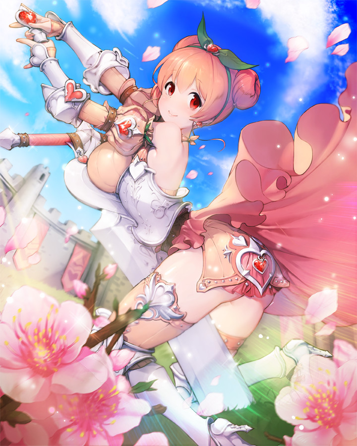 1girl, blue_sky, breasts, day, double_bun, earrings, flower, from_below