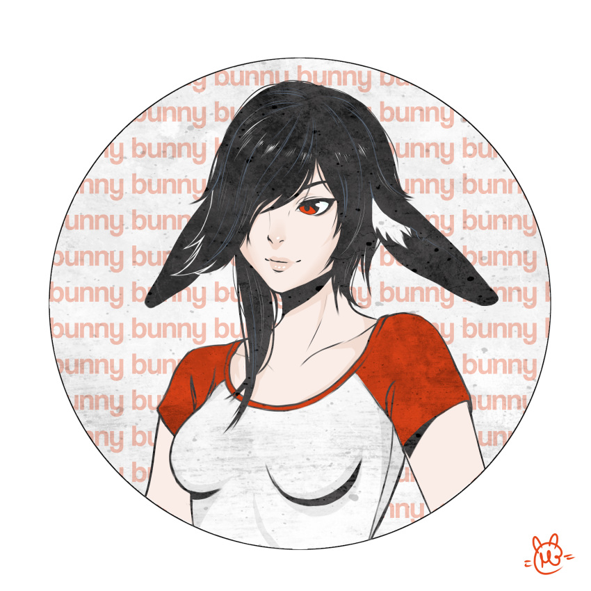 1girl, absurdres, animal_ears, background_text, bangs, black_hair, bunnyears, casual, face, fringe, hair_over_one_eye, highres, madbunny, one_eye_covered, orange_eyes, original, portrait, rabbit_ears, raglan_sleeves, shirt, short_hair, smile, smirk, t-shirt, texture, wall_of_text
