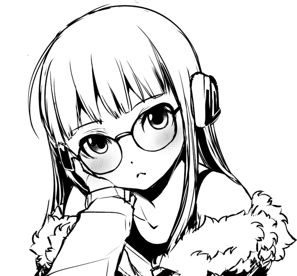 1girl, :<, bare_shoulders, blush, coat, fur_trim, glasses, greyscale, hand_on_own_cheek, headphones, long_hair, looking_at_viewer, monochrome, persona, persona_5, sakura_futaba, simple_background, solo, white_background, youkai_pantsu_zurashi