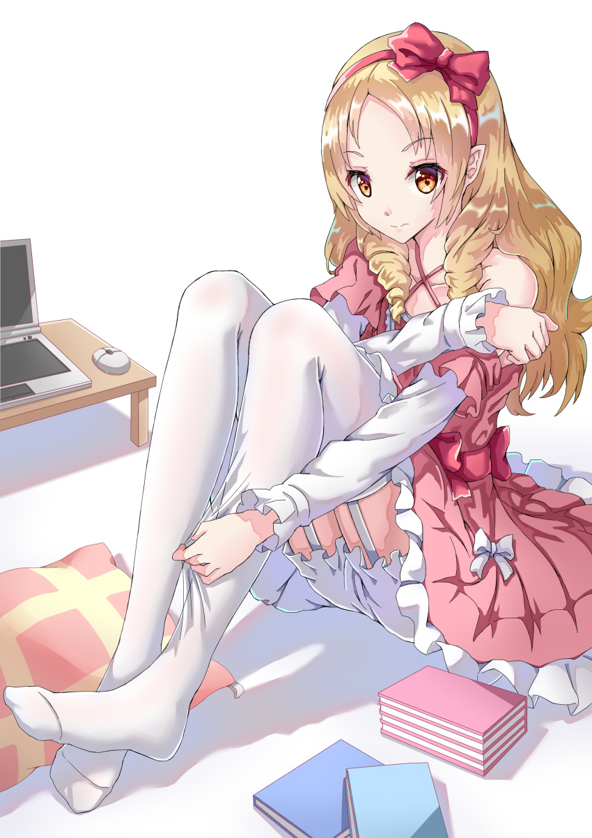 1girl, absurdres, adjusting_clothes, adjusting_legwear, blonde_hair, bloomers, book, book_stack, bow, computer, computer_mouse, dress, drill_hair, eromanga_sensei, feet, full_body, garter_straps, hairband, highres, laptop, lolita_fashion, long_hair, looking_at_viewer, nisemono, no_shoes, off_shoulder, orange_eyes, pillow, pink_bow, pink_dress, pointy_ears, sitting, solo, thigh-highs, twin_drills, underwear, white_legwear, yamada_elf