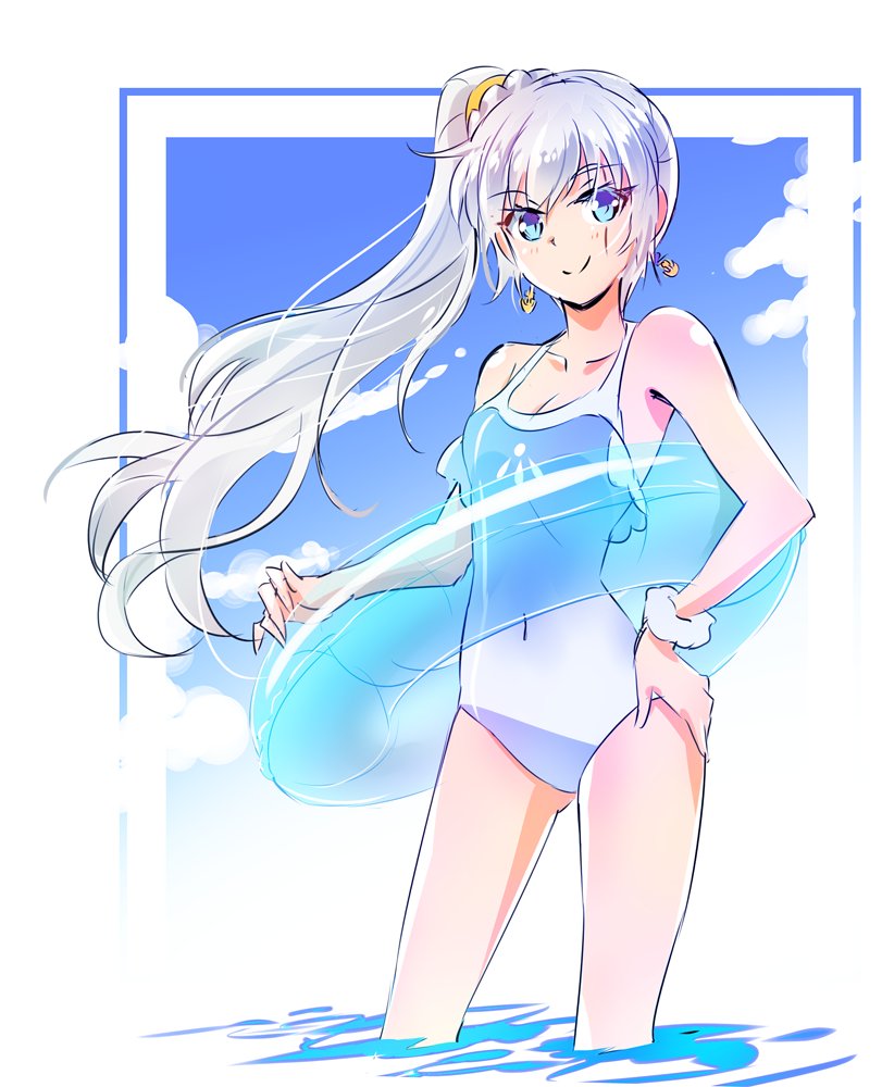 1girl, blue_eyes, blue_sky, bracelet, breasts, cleavage, clouds, cloudy_sky