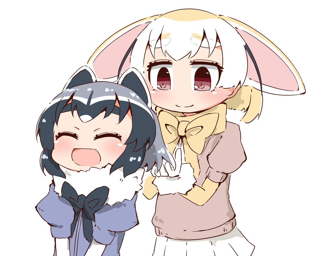 2girls, :d, ^_^, animal_ears, black_hair, blonde_hair, blue_shirt, blush