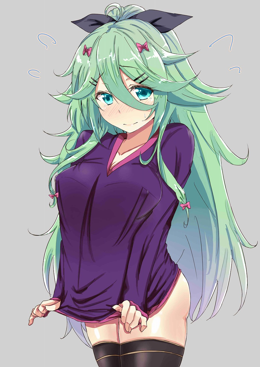1girl, alternate_costume, black_legwear, black_ribbon, blue_eyes, blush, breasts, chan_(akuty_ikkot)