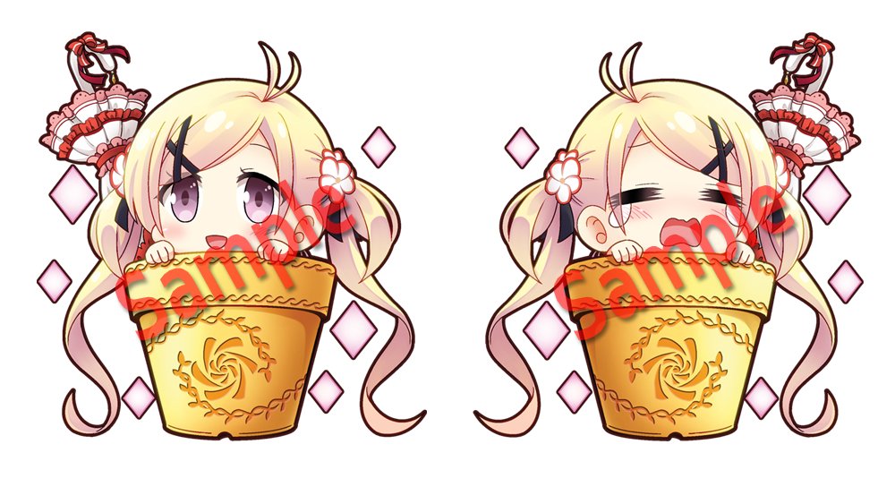 1girl, ahoge, blonde_hair, blush, chibi, flower_knight_girl, flower_pot, hair_ornament, kadose_ara, oxalis_(flower_knight_girl), sample, twintails, umbrella