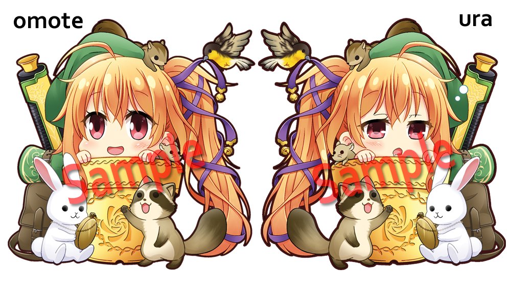 1girl, ahoge, beret, bird, blush, chibi, epidendrum_(flower_knight_girl), flower_knight_girl, flower_pot, hair_ribbon, hat, kadose_ara, rabbit, raccoon, ribbon, sample, side_ponytail, smile, squirrel
