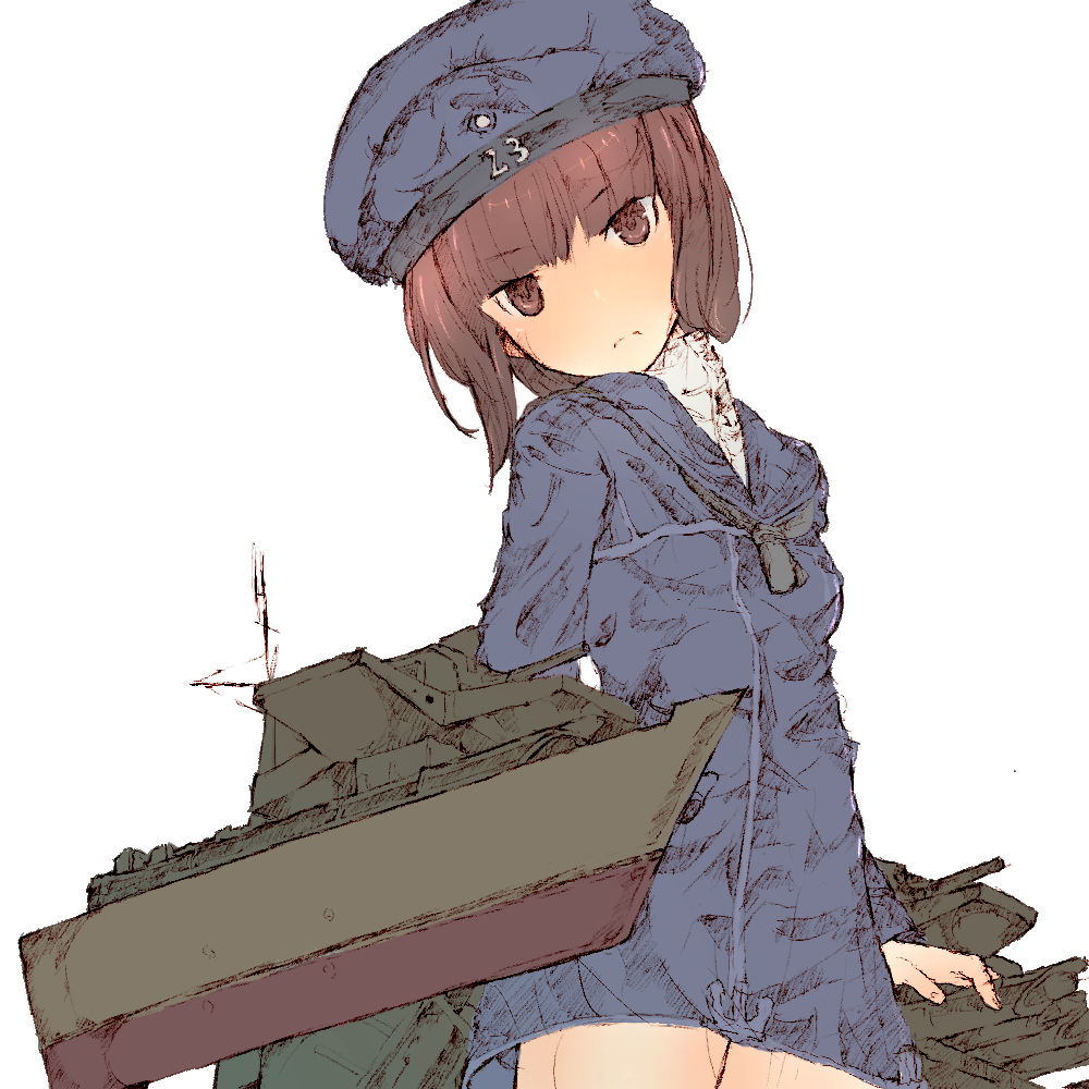 1girl, antenna_mast, brown_eyes, brown_hair, gurin33, hat, head_tilt, kantai_collection, looking_at_viewer, simple_background, sketch, solo, thighs, white_background, z3_max_schultz_(kantai_collection)