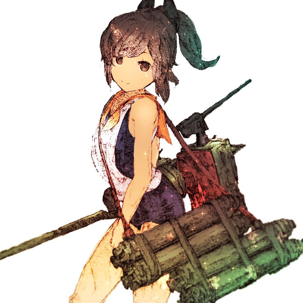 1girl, brown_eyes, brown_hair, cowboy_shot, deck_gun, from_side, gradient_filter, gurin33, i-401_(kantai_collection), kantai_collection, legs, long_hair, looking_at_viewer, mecha_musume, ponytail, school_swimsuit, simple_background, sketch, smile, solo, swimsuit, tan, torpedo_tubes, white_background