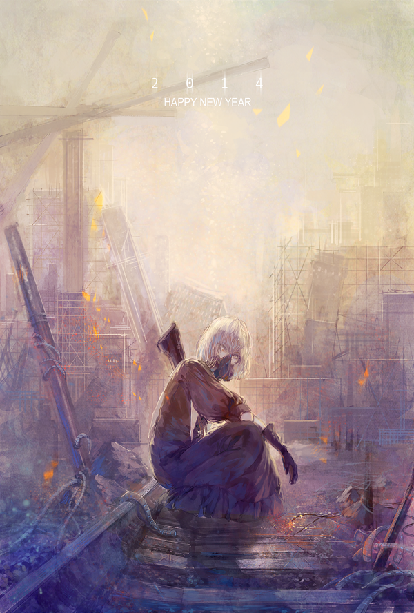 1girl, 2014, apocalypse, black_gloves, building, city, cityscape, destruction