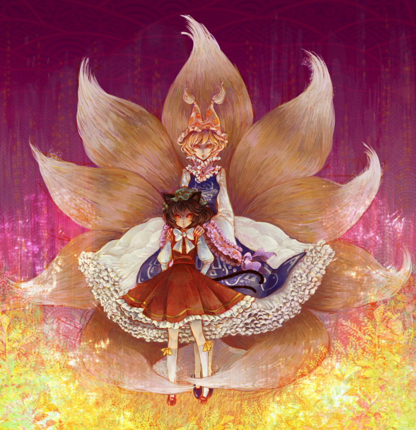 animal_ears, blonde_hair, brown_hair, cat_ears, chen, chihiro_(artist), fox_ears, fox_tail, frills, hat, highres, kyuubi, multiple_girls, red_eyes, short_hair, tail, takatora, touhou, yakumo_ran