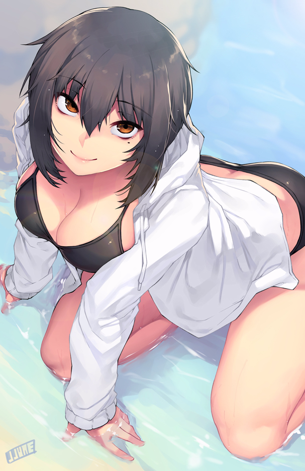 1girl, black_hair, blush, breasts, character_request, cleavage, copyright_request, eyebrows_visible_through_hair, jjune, large_breasts, looking_at_viewer, mole, mole_under_eye, orange_eyes, original, rumi_morimiya, short_hair, smile, solo